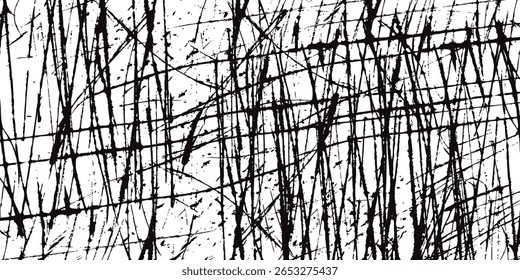 Abstract Black Ink Splatter and Scratch Lines Texture on White Background
