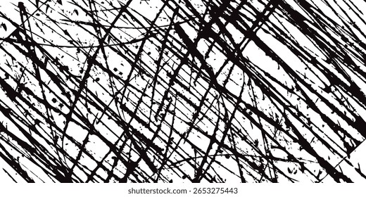 Textura de linhas de rascunho e manchas de tinta preta abstrata no plano de fundo branco
