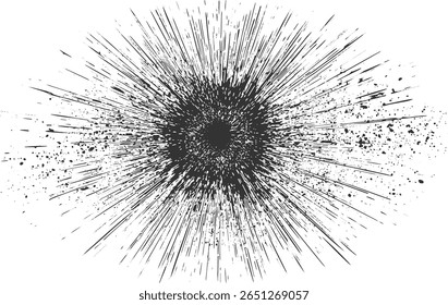 Folhas de tinta preta abstrata e listras irradiando de um ponto central em um fundo branco.