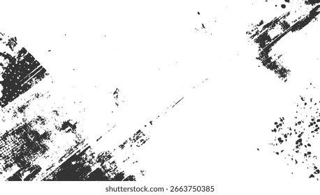 Abstractas salpicaduras de tinta negra y pinceladas sobre un fondo blanco.