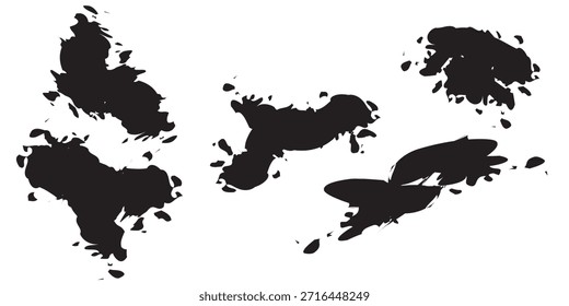 Abstract black ink splatters with dynamic shapes and fluid motion on a clean white background.
