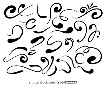 Abstract Black Ink Swirls and Curls Collection. A collection of 23 abstract black ink swirls and curls, designed with bold and fluid lines for creative, minimalist, and modern projects