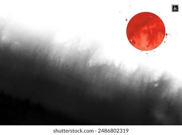 Abstract black ink wash painting with big splash and big red sun circle, symbol of Japan. Traditional Japanese ink wash painting sumi-e. Hieroglyph - eternity.