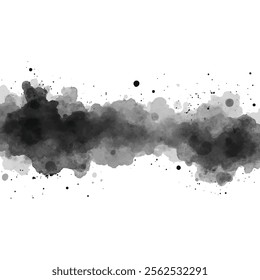 Abstract black ink or watercolor splash with splatters and drips on a white background. This dramatic and versatile element is perfect for creating impactful designs, backgrounds, textures