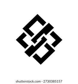 Abstrakte schwarze verflochtene quadratische Formen, die ein knotenähnliches Symbol bilden, geometrisches Logo, modernes Design, symmetrisches Emblem