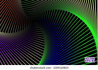 Abstract Black and Iridescent Pattern with Stairs. Rainbow Spiral Textured Tunnel. Geometric Psychedelic Background. Vector. 3D Illustration