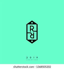 abstract black label in hexagonal shape with RR logo letter design concept and bright green background