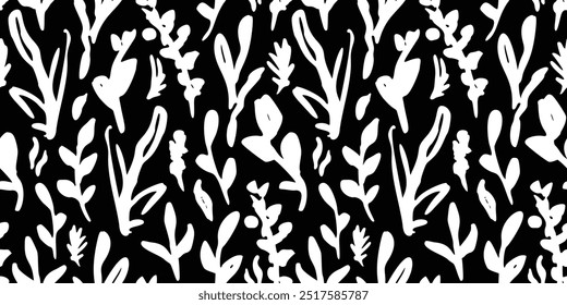 Abstract Black Leaf Seamless Pattern. Hand Drawn Simple Brush Foliage Background. Monochrome Rough Texture Leaves Pattern. Modern Botanical Ornament for Fabric, Textile Design. Floral Scribble Print
