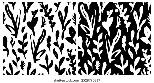 Abstract Black Leaf Seamless Pattern. Hand Drawn Simple Brush Foliage Background. Monochrome Rough Texture Leaves Pattern. Modern Botanical Ornament for Fabric, Textile Design. Floral Scribble Print