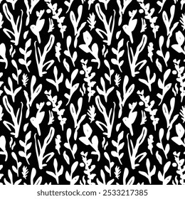 Abstract Black Leaf Seamless Pattern. Hand Drawn Simple Brush Foliage Background. Monochrome Rough Texture Leaves Pattern. Modern Botanical Ornament for Fabric, Textile Design. Floral Scribble Print