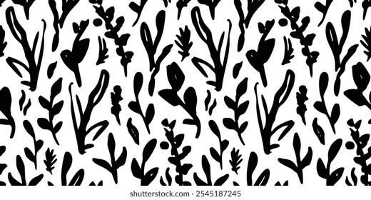 Abstrato Preto Folha Padrão Sem Costura. Mão desenhada simples escova folhagem fundo. A Textura Áspera Monocromática Deixa O Padrão. Ornamento Botânico Moderno para Tecido, Design Têxtil. Impressão de Rabisco Floral