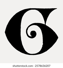 Abstract black letter 'G' with a swirling design on a light background. Bold 'G' stands out with its unique, artistic swirl. Eye-catching 'G' design. Vintage black font isolated on white, vector.