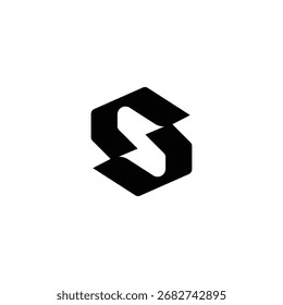La letra S negra Abstractas aparece como un ícono geométrico centrado en un fondo blanco limpio que crea un diseño minimalista y moderno adecuado para proyectos de Diseño gráfico y marca empresarial.