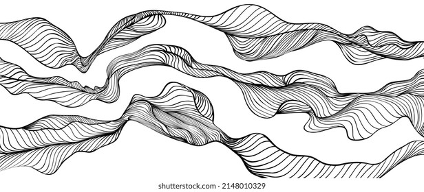 Abstract black line art on white background. Beautiful hand drawn wallpaper with black color, curved, wavy line. Twisted wave line design perfect for banner, prints, covers, wall art, home decor.