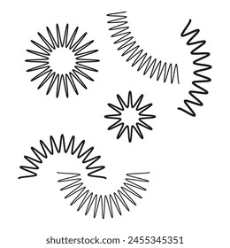 Abstract black line art shapes. Dynamic waves and sunbursts. Geometric contrast patterns. Vector illustration. EPS 10.