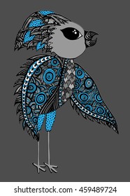 Abstract black line bird on the gray background. Hand drawn doodle stile for t-shirt print in black line style, tattoo design, ornamental animal logo. 