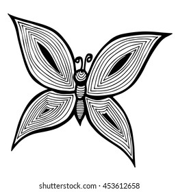 Abstract black line butterfly for tattoo, coloring book for adult and kids isolated on the white background