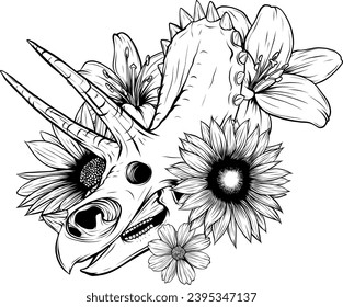 Abstract Black Line Dinosaur Triceratops Skull