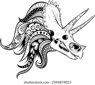 Abstract Black Line Dinosaur Triceratops Skull