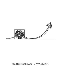 Abstract black line drawing of a tangled ball and upward arrow