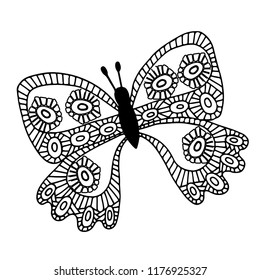 Abstract black line isolated butterfly for tattoo, coloring book. Can be used for card, invitation, posters, placards, banners.