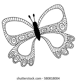 Abstract black line isolated butterfly for tattoo, coloring book. Can be used for card, invitation, posters, placards, banners.