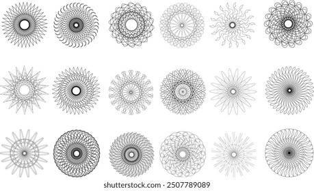 Abstract Black line Round design spiral geometric mandala set  illusion circle in white background 