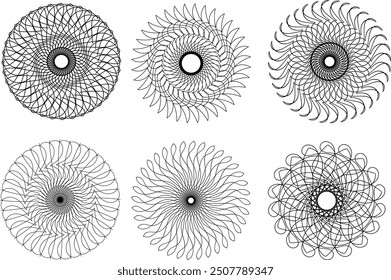 Abstract Black line Round design spiral geometric mandala set  illusion circle in white background 