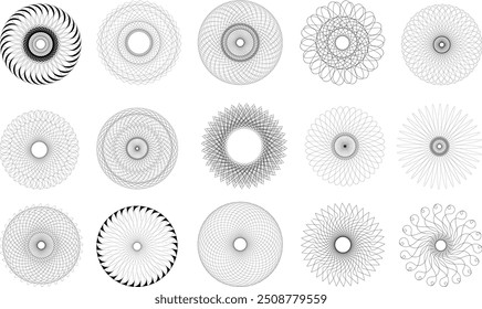 Abstract Black line Round design spiral geometric mandala set illusion circle in white background