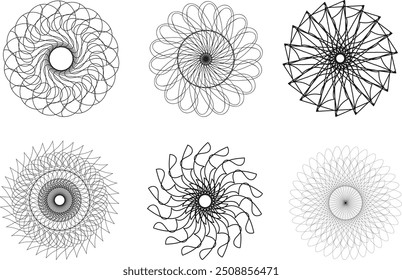 Abstract Black line Round design spiral geometric mandala illusion set circle in white background