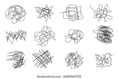 Abstract black line scribbles on white background, Minimal chaotic doodle shapes collection, Hand-drawn abstract sketch line art set