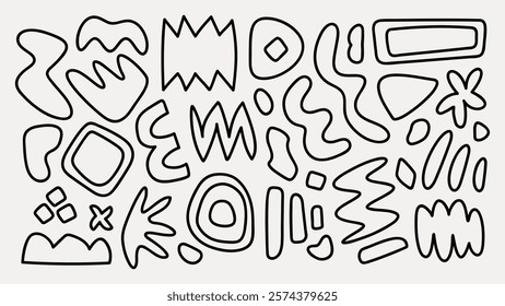 Abstract black line shapes on a white background. Various abstract forms, abstract patterns, and abstract lines create a unique design. Black and white vector set.