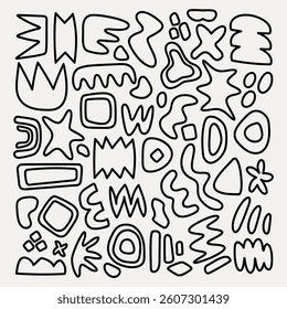 Abstract black line shapes on a white background. Various geometric forms, wavy lines, and abstract shapes create a dynamic, artistic pattern. Modern and artistic. Black and white vector set.