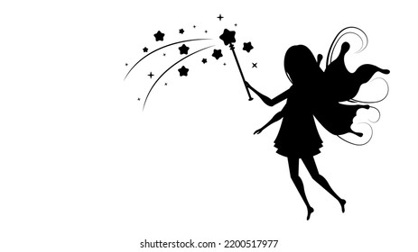 Abstract Black Line Silhouette Fairy With Wings And A Magic Wand Vector Icon Nature Design Style Decoration Cartoon Background Isolated