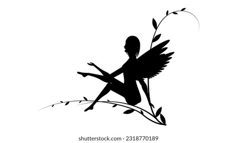 Abstract Black Line Silhouette Fairy With Wings And Flower Vector Icon Nature Design Style Decoration Cartoon Background Isolated