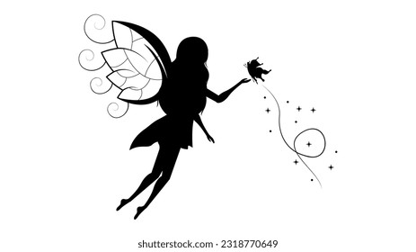 Abstract Black Line Silhouette Fairy With Wings And Butterfly Vector Icon Nature Design Style Decoration Cartoon Background Isolated