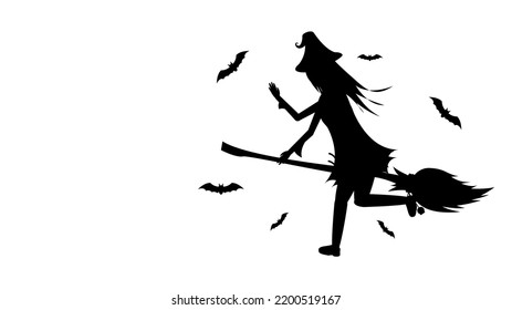Abstract Black Line Silhouette Halloween Witch On A Broomstick With Bats Vector Icon Nature Design Style Decoration Cartoon Background Isolated