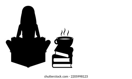 Resumen Mujer De Silueta De Línea Negra Leyendo Un Libro Con Una Taza De Icono Del Vector De Té Diseño Estilo Decoración Fondo De Caricatura Aislado