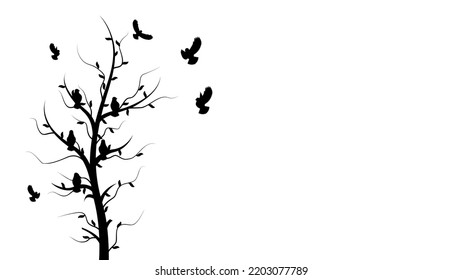 Abstract Black Line Tree Branch With Birds Wings Vector Icon Nature Design Style Decoration Cartoon Background Isolated