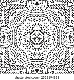 Abstract black line tribal seamless pattern. Vector endless print illustration on white background