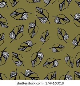Abstract black liner leaves with doodle elements. Leaves on green background