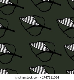 Abstract black liner leaves with doodle elements. Leaves on dark gray background