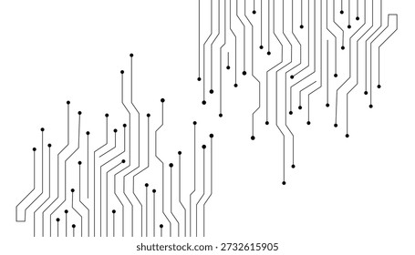 Abstract black lines and dots form a circuit board pattern on a white background, suggesting technology and connections.