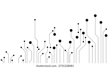 Líneas negras Abstractas y puntos que se asemejan a un patrón de placa de circuitos sobre un fondo blanco limpio. Formato de Vector escalable apto para medios impresos y digitales.