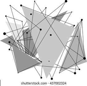 Abstract black lines with points. Vector triangle shapes on white background. Outline technology illustration. Polygonal design pattern. Digital tech stripes.