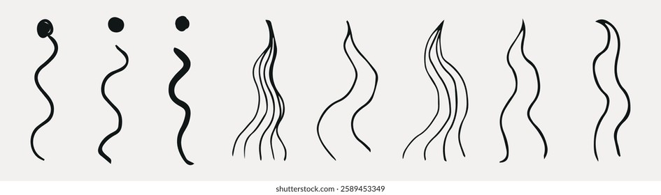 Abstract black lines and shapes on a light background. Curved lines, wavy patterns, and dots create a minimalist design. Abstract lines and shapes repeat. Creative elements, vector set.