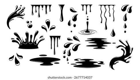 Abstractas líquido negro gotea y salpica Elementos en estilo silueta