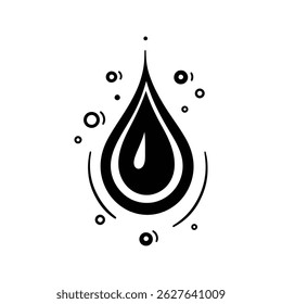 Abstrakte schwarze Flüssigkeitstropfendarstellung umgeben von Blasen. Mit einem minimalistischen Stil, auf transparentem Hintergrund gerendert, ideal für eine saubere Note.