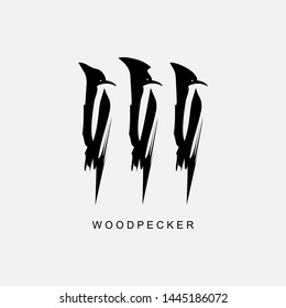 Abstract, black logo woodpecker, birds. Hand drawn. Modern design. Fashionable children's print for clothes, cards, banners for photo sites. Vector illustration