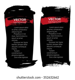 Abstract black long vertical banners from textured thick smears with red strokes isolated on a white background